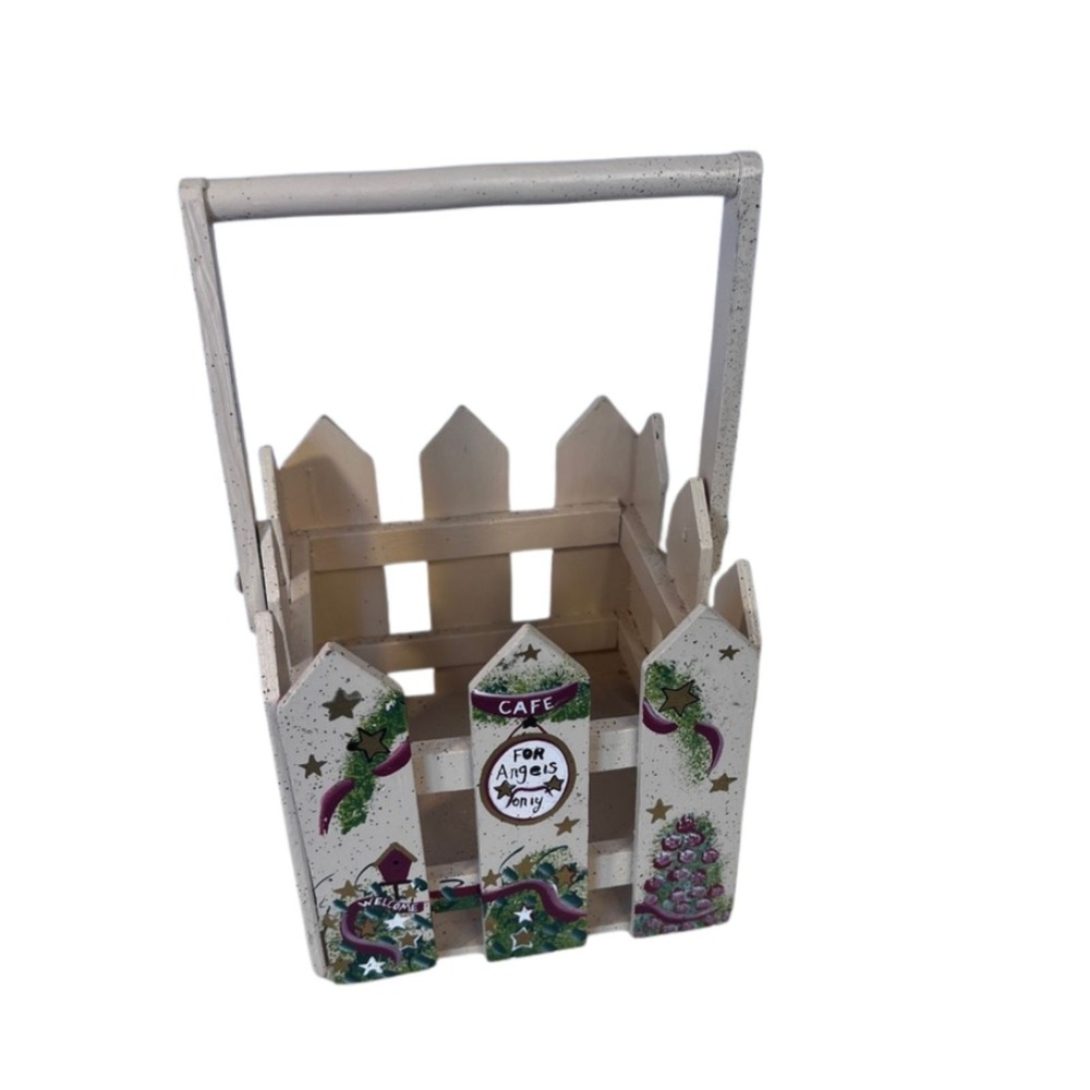 Hand Painted Wooden Fence Picket Square Basket Planter Decor Christmas Farmhouse